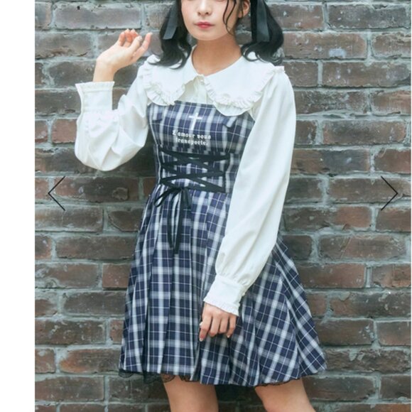 ANK ROUGE Hime Gyaru blue plaid corset front dress - Picture 2 of 8